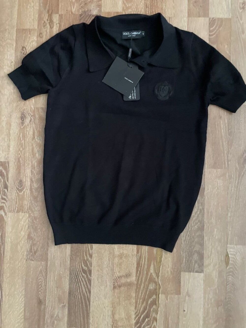 Dolce Gabbana DG Crest Knit Polo Black NWT Made Italy Size 46 Mens Slim